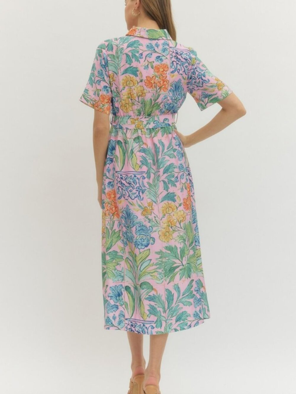 NWT Entro Pink Floral Puff Sleeve Midi Dress with Tie Waist - Picture 8 of 10